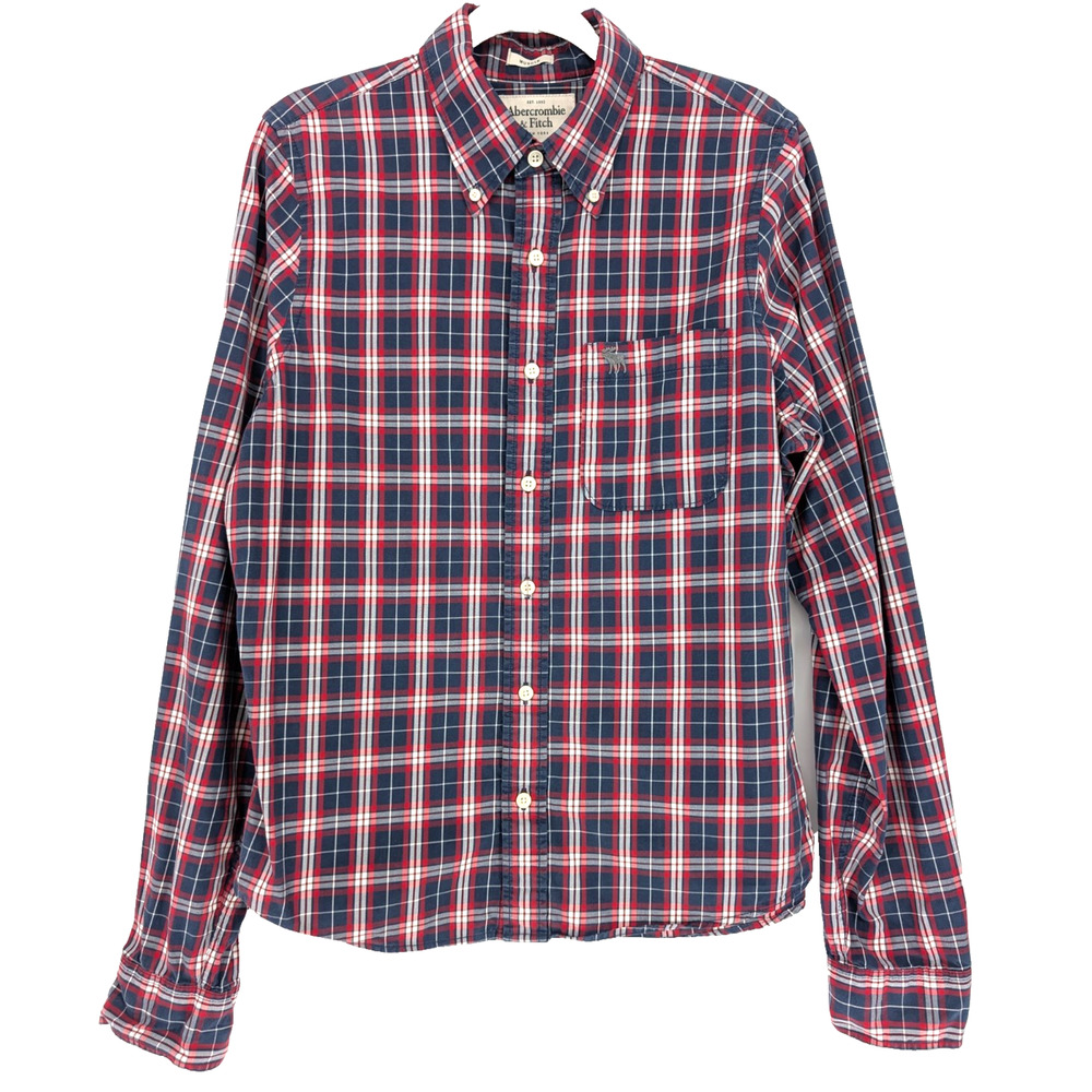 VTG Y2K Mens Abercrombie Red Blue Plaid Muscle Button Down Preppy‎ Academia LG
